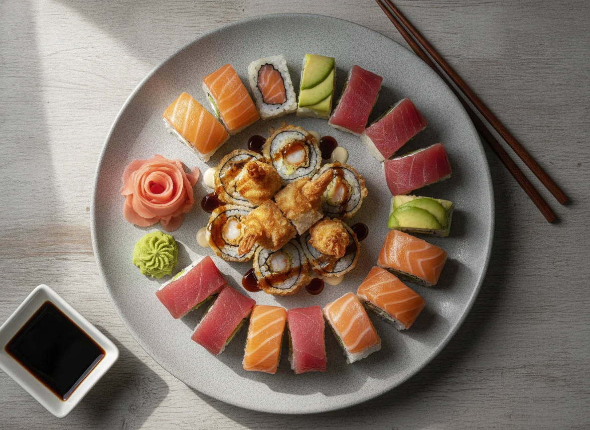 Sushi-Platte mit Tempura-Rollen und Maki photo