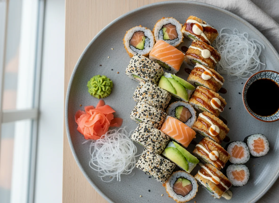 Sushi-Platte mit verschiedenen Maki-Rollen photo