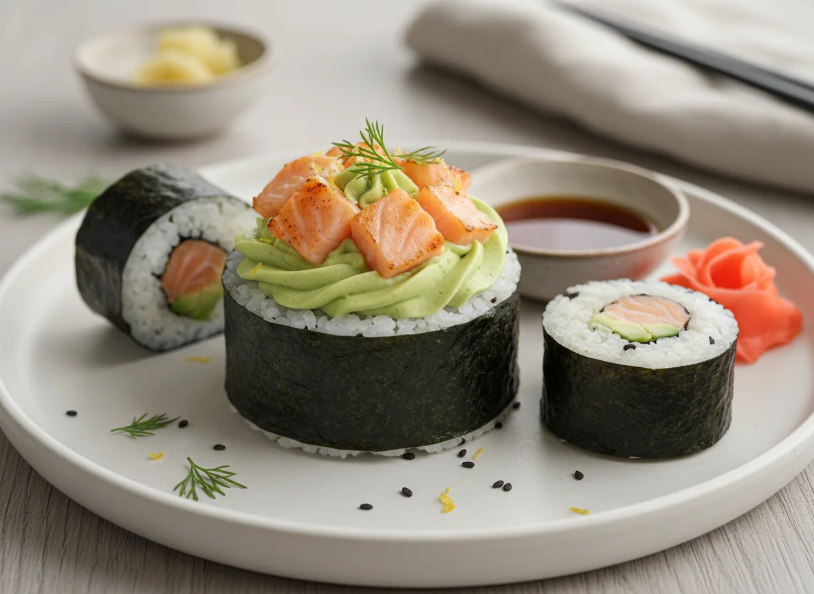 Sushi-Rolle mit Lachs und Avocado-Creme photo