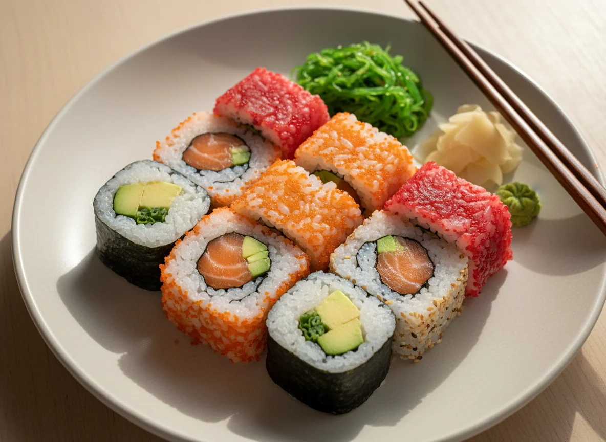 Sushi-Rollen mit Lachs, Thunfisch und Avocado photo