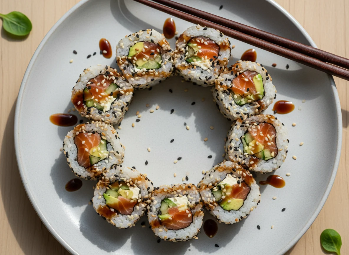 Sushi-Rollen mit Lachs und Avocado photo