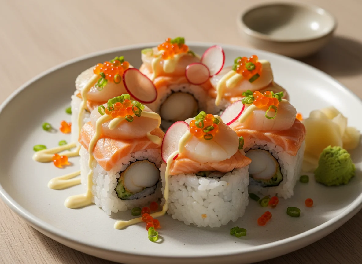 Sushi-Rollen mit Lachs und Jakobsmuscheln photo