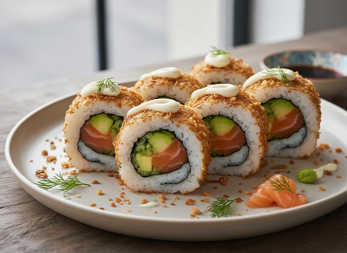 Sushi-Rollen mit Lachs und knusprigen Zwiebeln photo