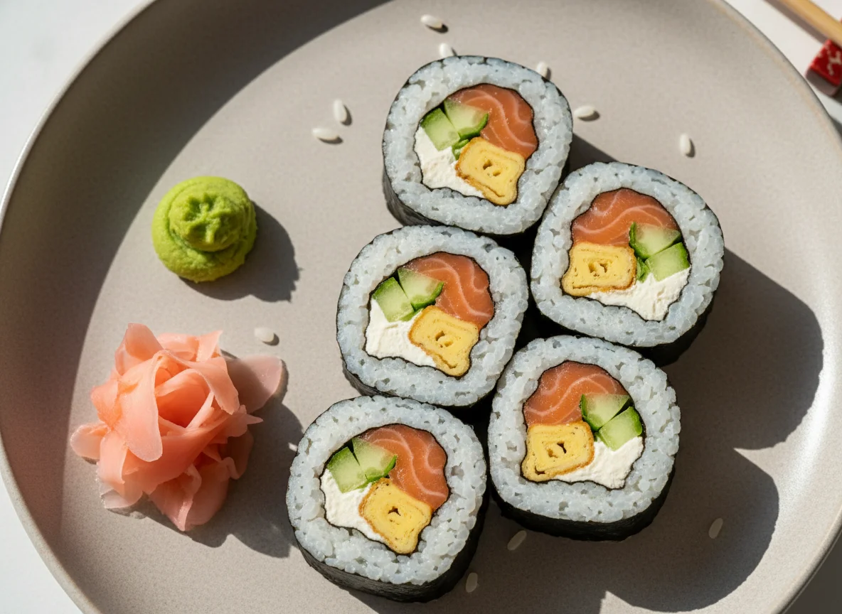 Sushi-Rollen mit Lachs und Wasabi photo