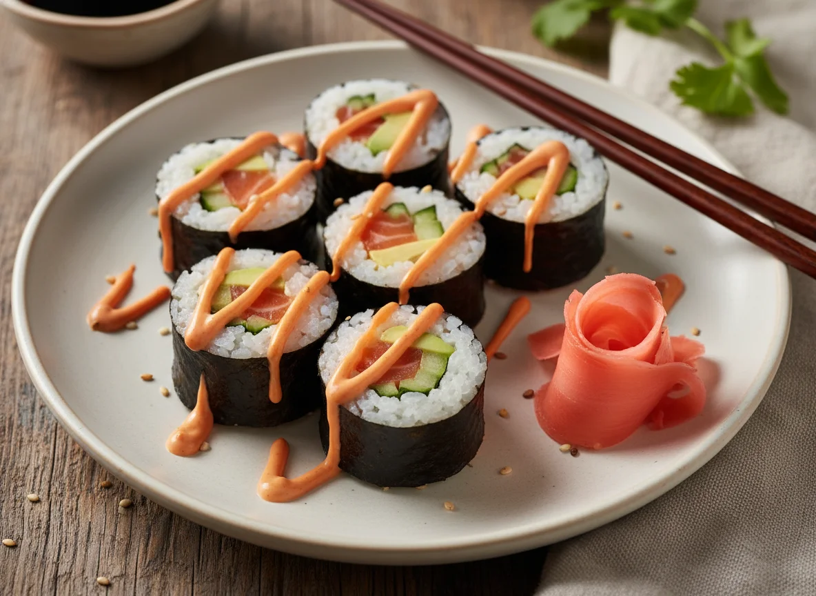 Sushi-Rollen mit scharfer Mayonnaise und eingelegtem Ingwer photo
