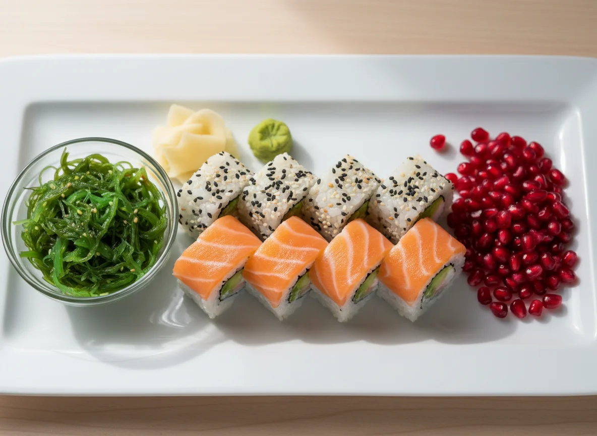 Sushi-Set mit Granatapfel und Algensalat photo