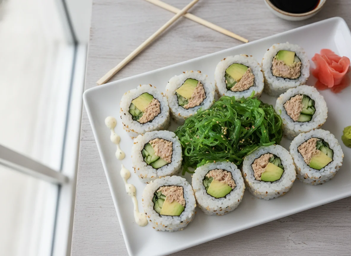 Sushi-Teller mit Wakame-Salat photo