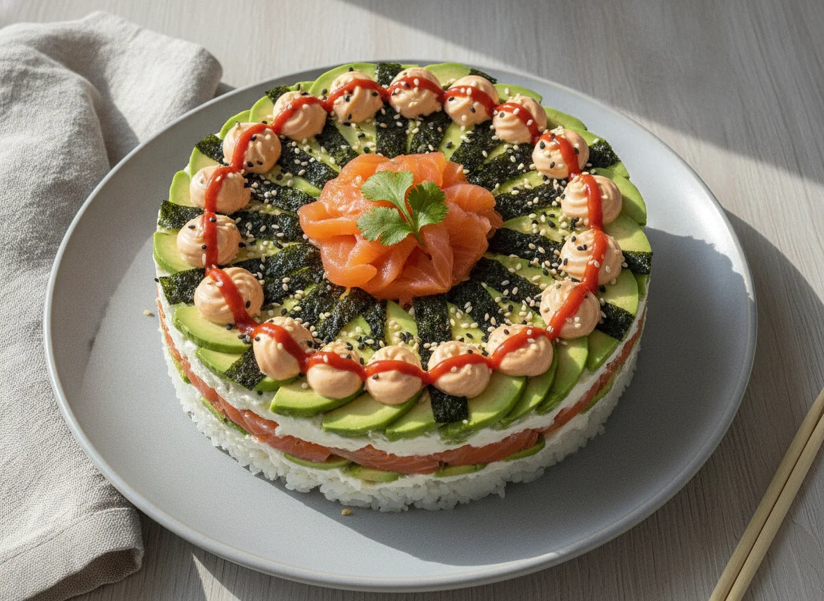 Sushi-Torte mit Lachs und Avocado photo