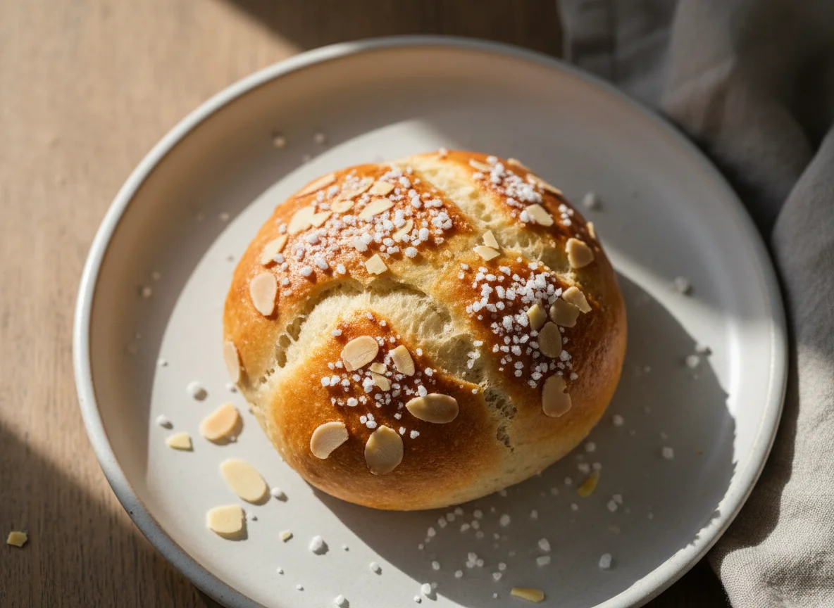 Süsses Brötchen mit Mandeln und Hagelzucker photo