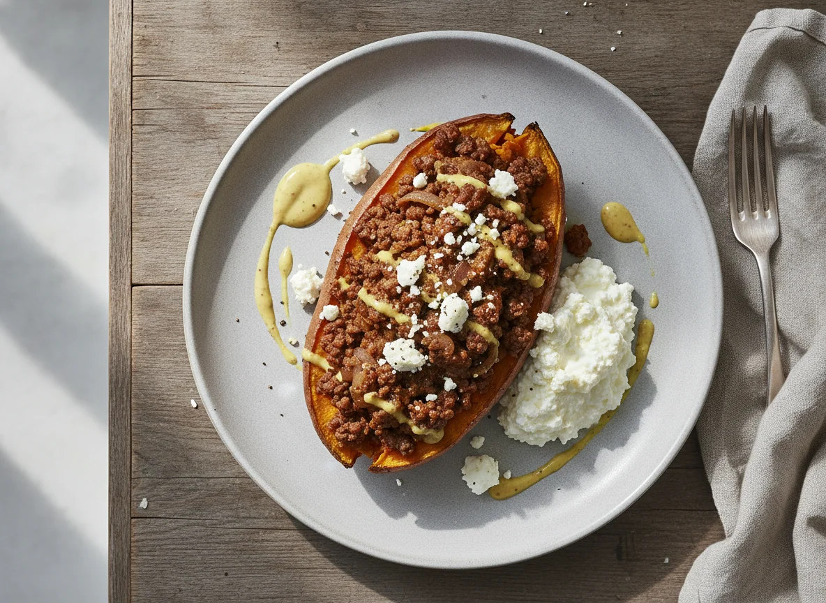 Süßkartoffel mit Hackfleisch und Hüttenkäse photo