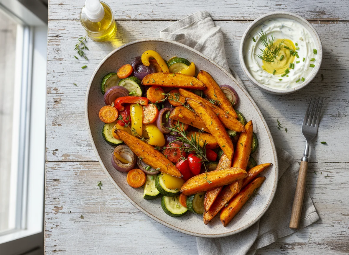 Süßkartoffel mit Ofengemüse und Quark-Dip photo