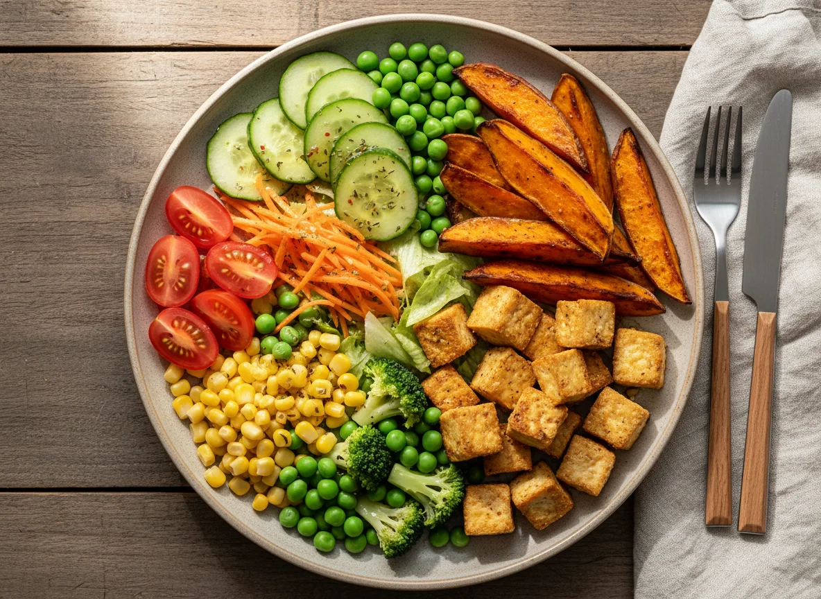 Süßkartoffel mit Tofu und gemischtem Salat photo