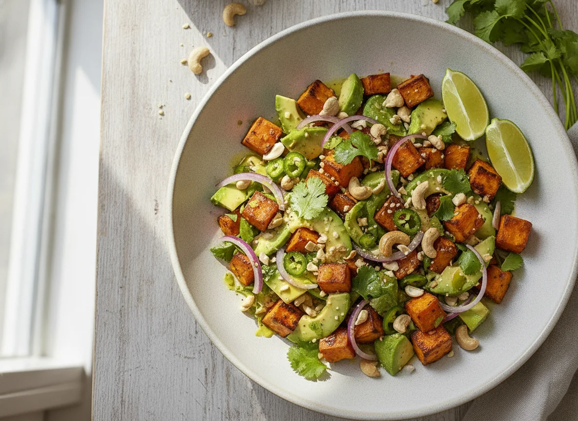 Süßkartoffel-Avocado-Salat mit scharfem Limettendressing photo