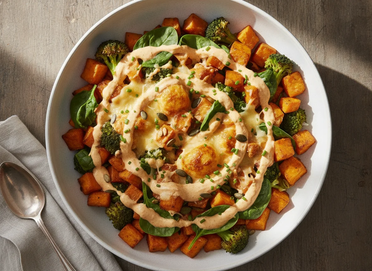 Süßkartoffel-Bowl mit Gemüse, Käse und Sauce photo