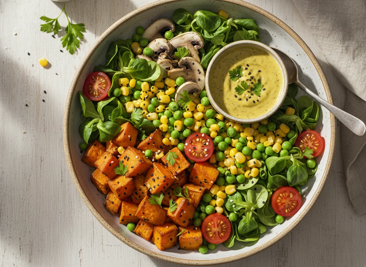 Süßkartoffel-Bowl mit Gemüse und Dip photo