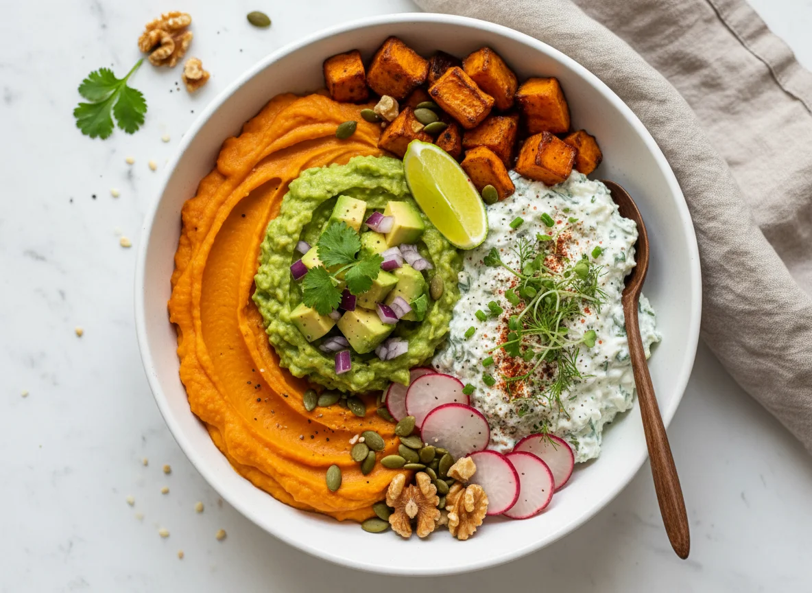 Süßkartoffel-Bowl mit Guacamole und Kräuterquark photo