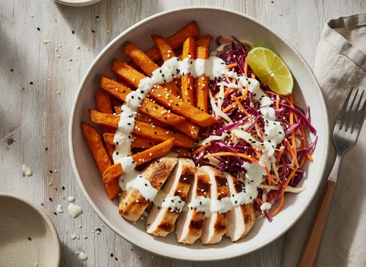 Süßkartoffel-Bowl mit Hähnchen und Salat photo