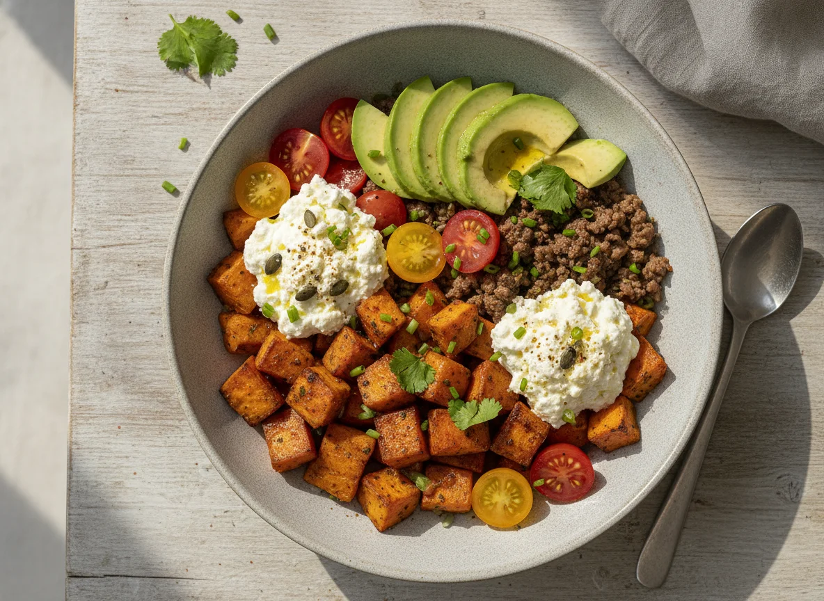 Süßkartoffel-Bowl mit Hüttenkäse und Avocado photo