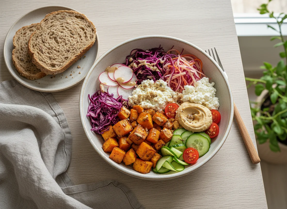 Süsskartoffel-Bowl mit Hüttenkäse und Brot photo