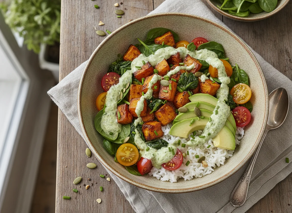 Süßkartoffel-Bowl mit Spinat und Avocado photo