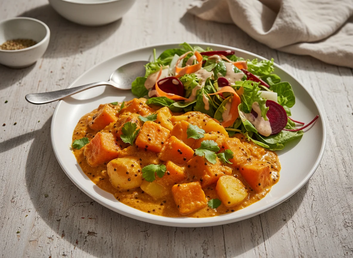 Süßkartoffel-Curry mit Beilagensalat photo