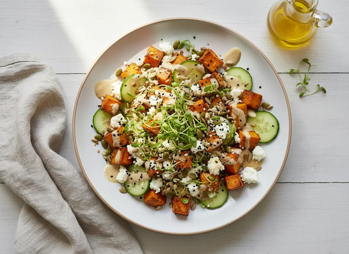 Süßkartoffel-Feta-Salat mit Kernen und Dressing photo