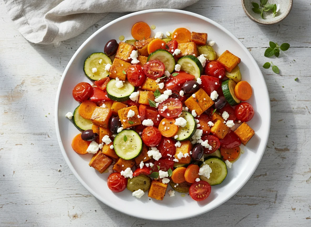 Süßkartoffel-Gemüsepfanne mit Feta photo