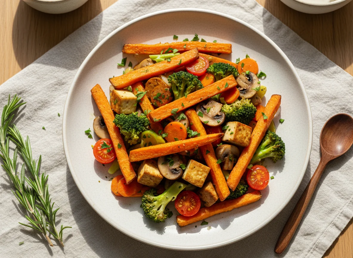 Süßkartoffel-Gemüsepfanne mit Tofu photo