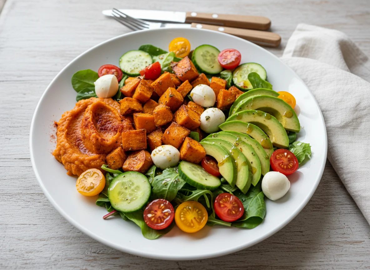 Süßkartoffel-Gericht mit Salat photo