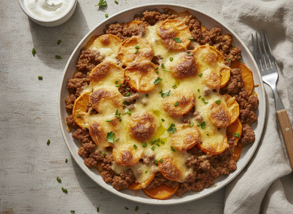 Süßkartoffel-Hackfleisch-Auflauf mit Käse photo