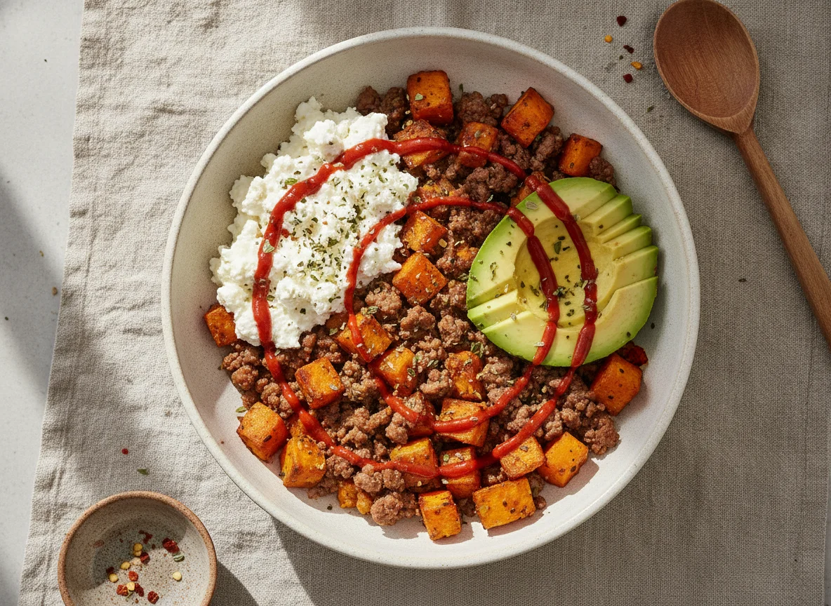 Süßkartoffel-Hackfleisch-Bowl mit Avocado und Hüttenkäse photo