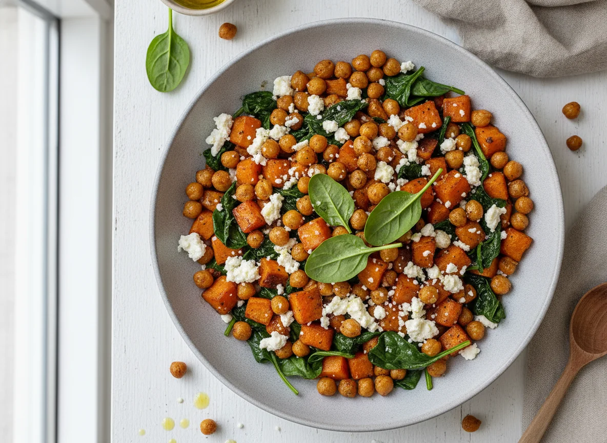 Süßkartoffel-Karotten-Bowl mit Spinat, Kichererbsen und Feta photo
