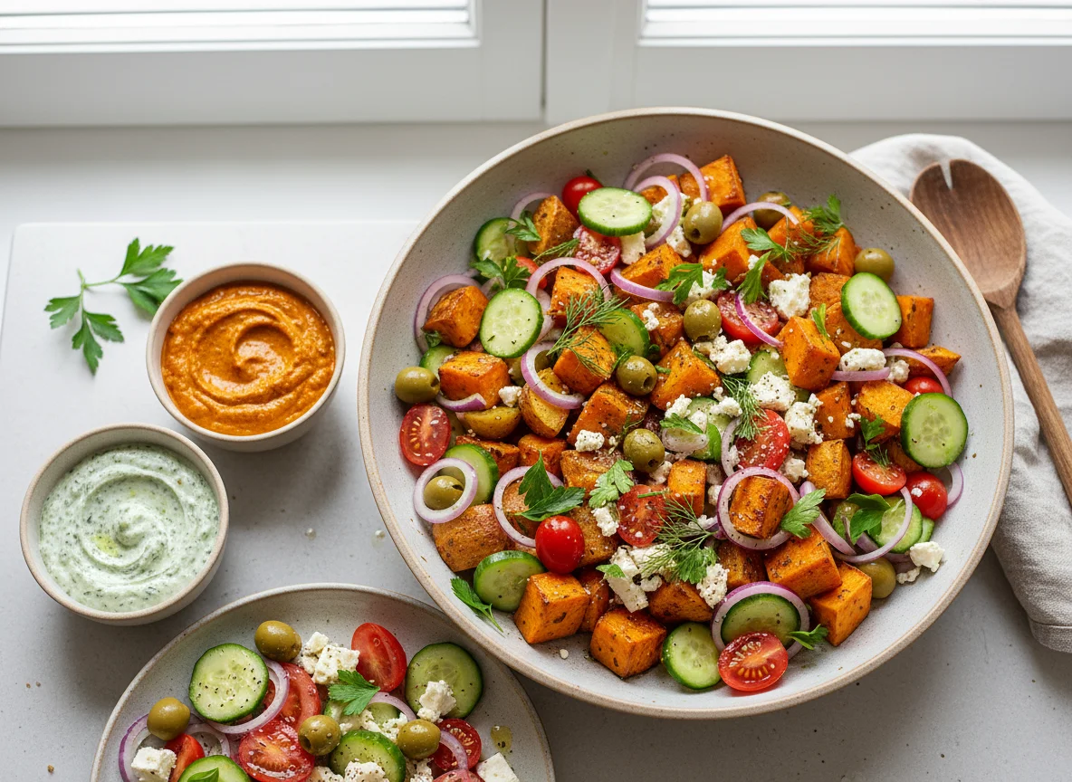 Süßkartoffel-Kartoffel-Salat mit Dips und griechischem Salat photo