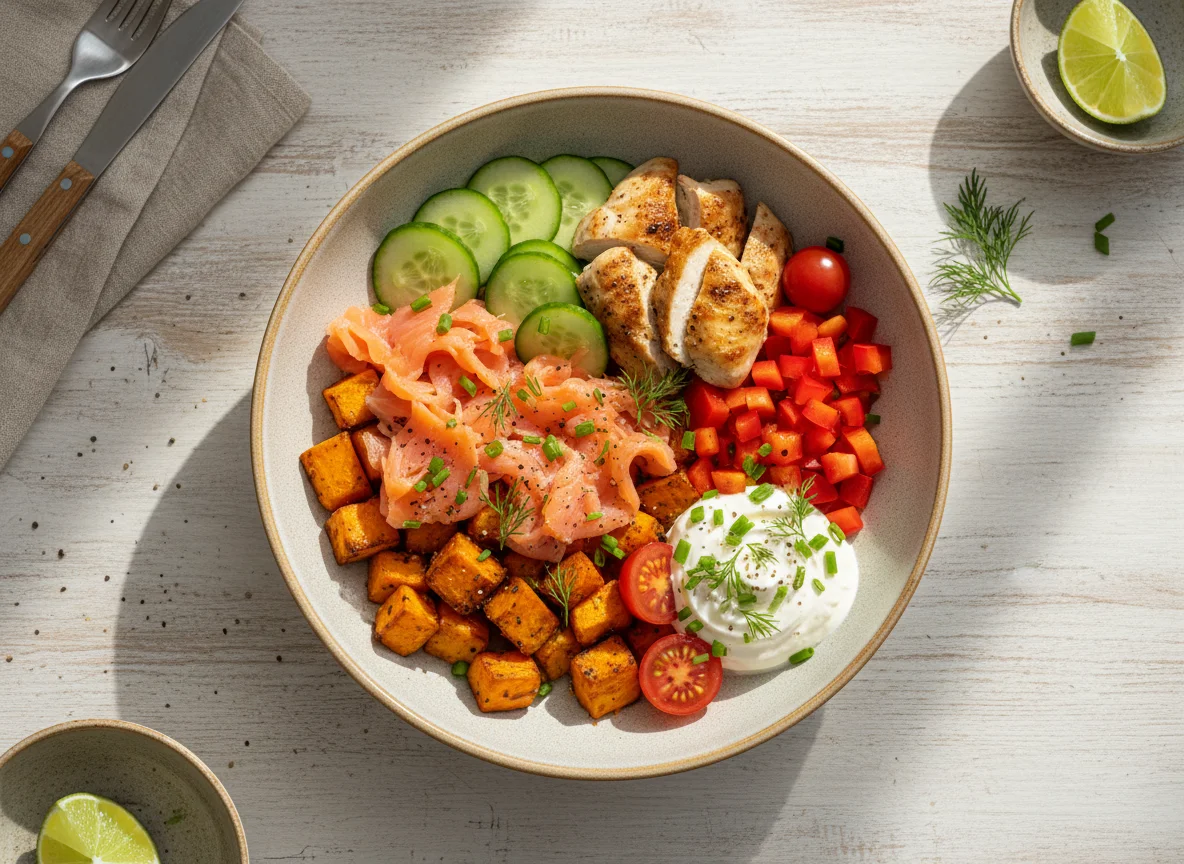 Süßkartoffel-Lachs-Bowl mit Gemüse und Frischkäse photo