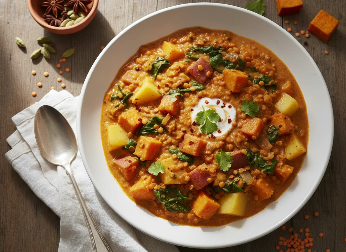 Süßkartoffel-Linsen-Curry mit Spinat photo
