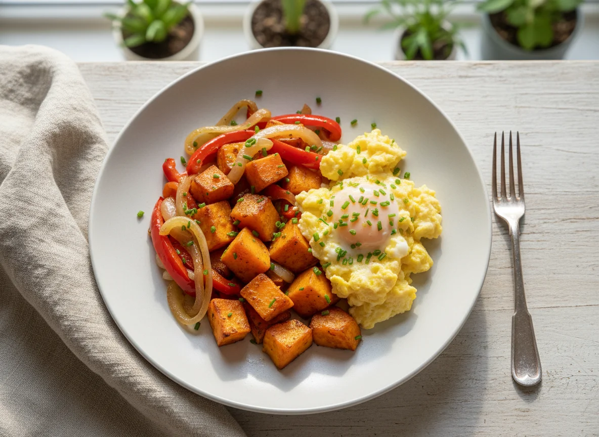 Süßkartoffeln mit Rührei und Gemüse photo
