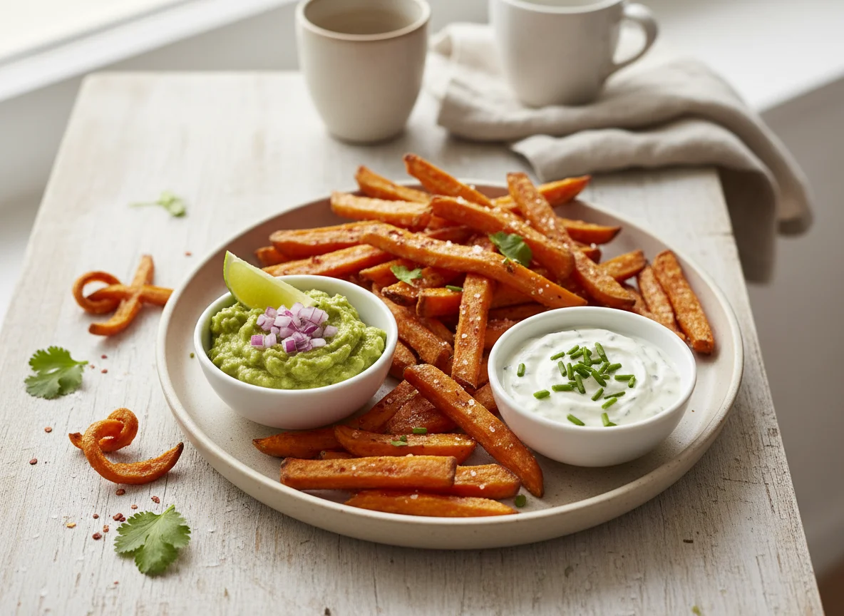 Süßkartoffelpommes mit Dips photo