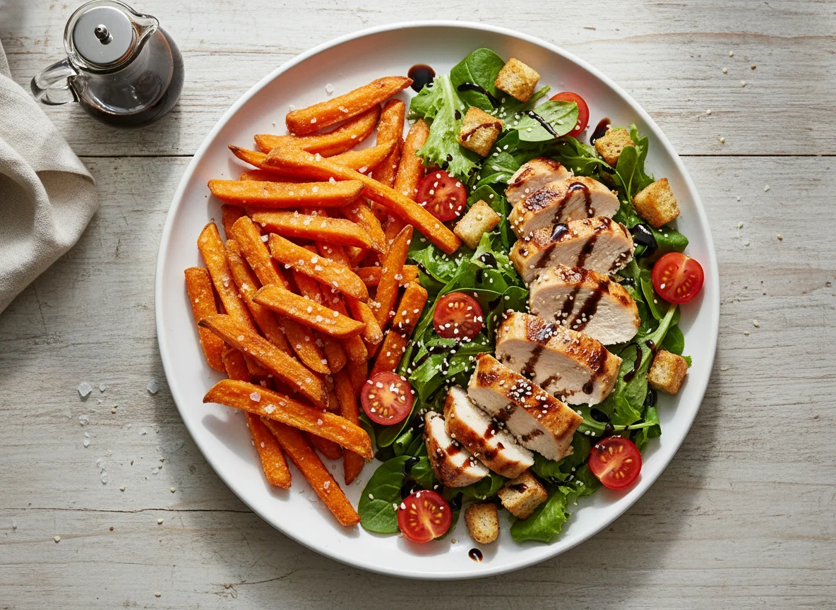 Süßkartoffel-Pommes mit Hähnchensalat photo