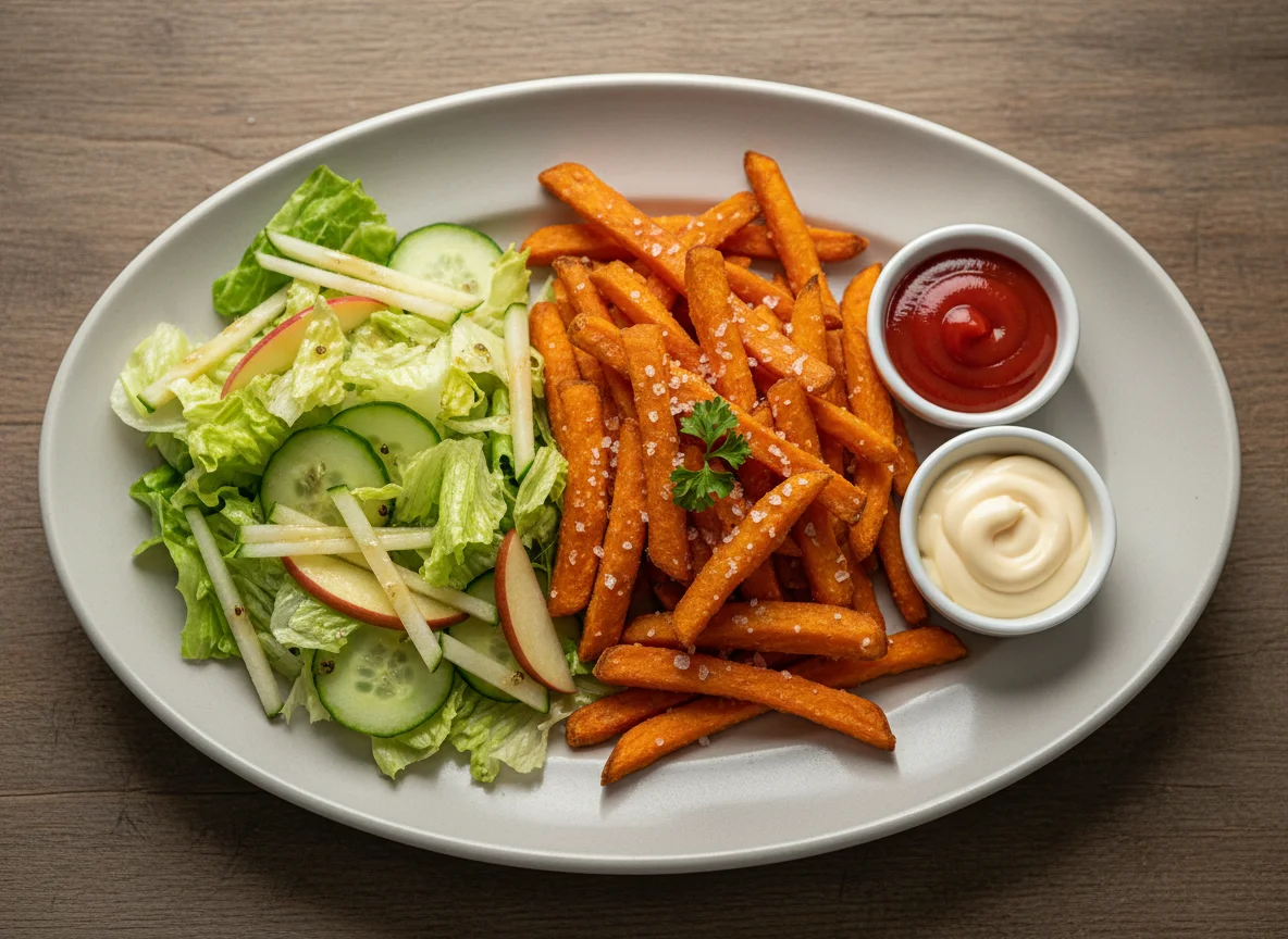Süßkartoffel-Pommes mit Salat und Dips photo