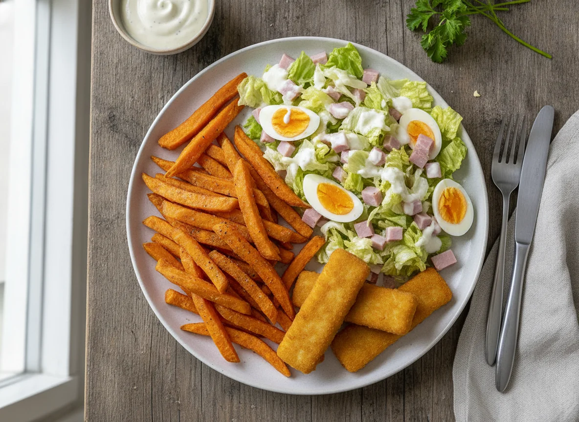 Süßkartoffel-Pommes mit Salat und Fischstäbchen photo