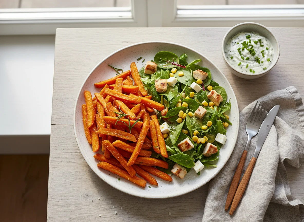 Süßkartoffelpommes mit Salat und Kräuterquark photo