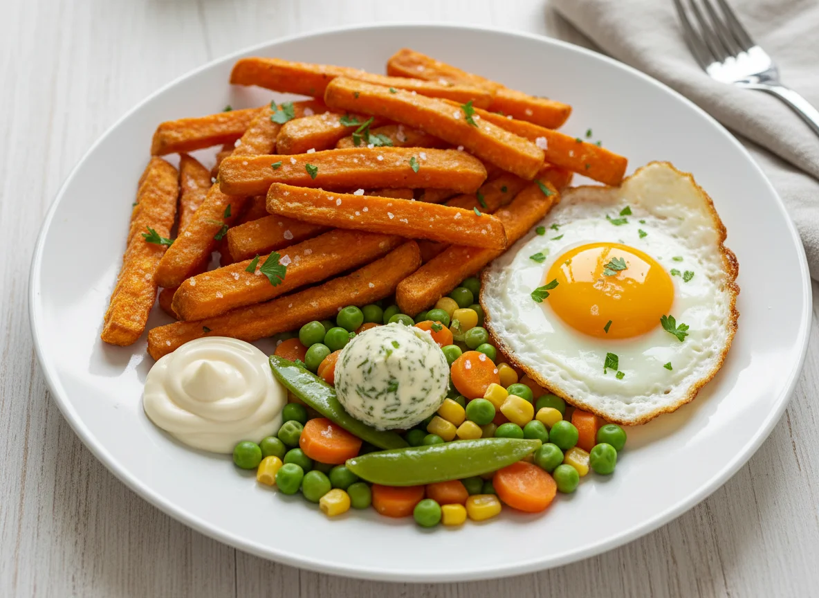 Süßkartoffelpommes mit Spiegelei und Gemüse photo