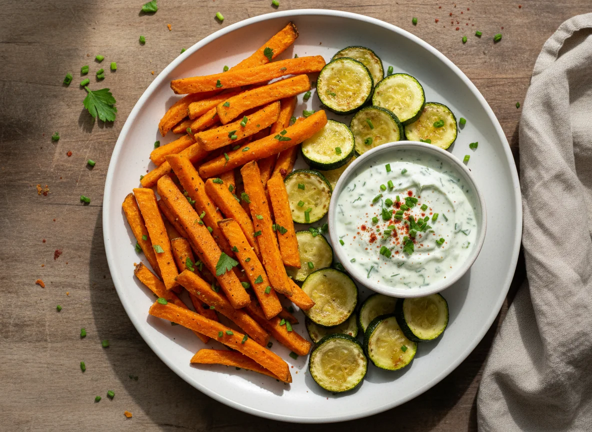 Süßkartoffelpommes mit Zucchini und Dip photo