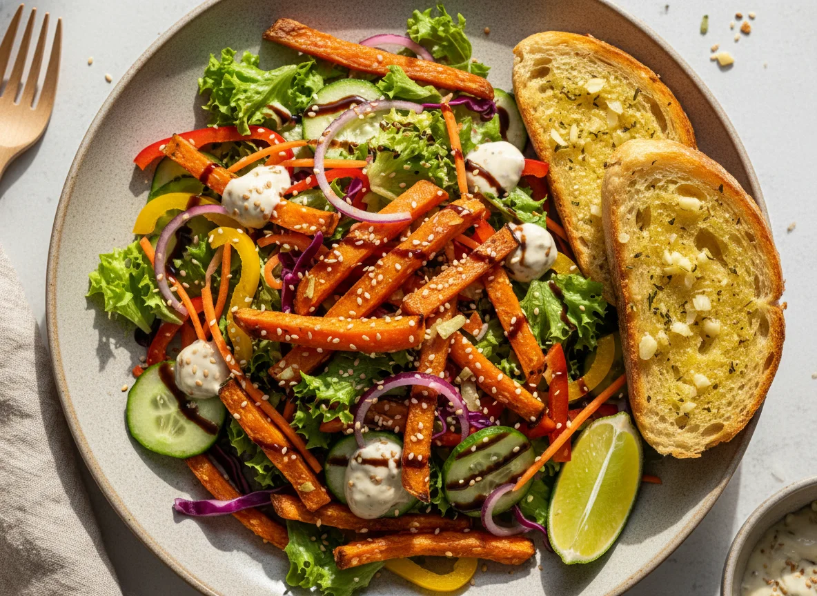 Süßkartoffel-Pommes-Salat mit Knoblauchbrot photo