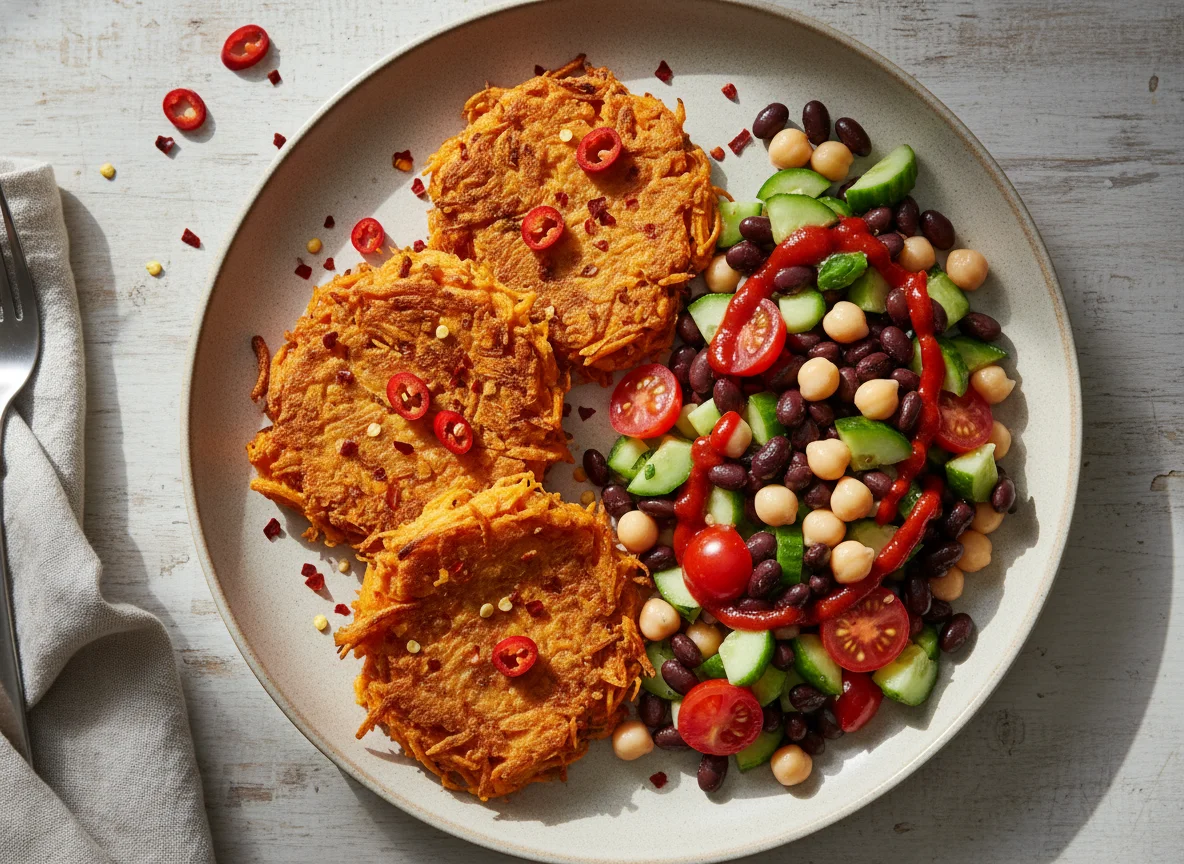 Süßkartoffel-Puffer mit Bohnen-Kichererbsen-Salat photo