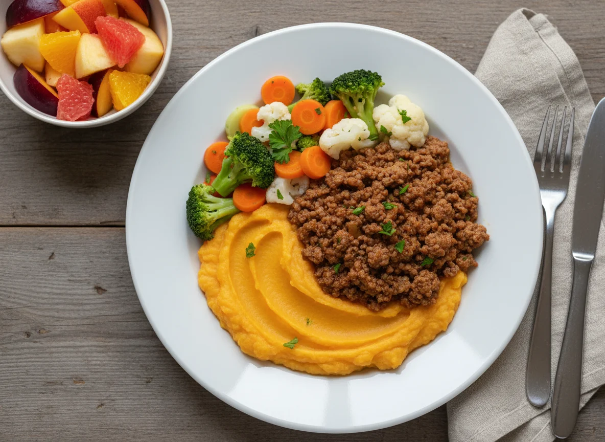 Süßkartoffelpüree mit Gemüse und Hackfleischsauce, dazu Obstsalat photo