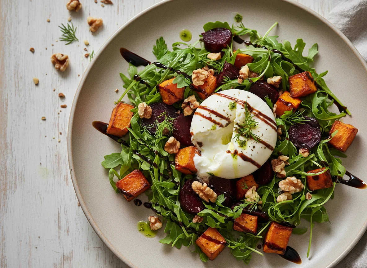 Süßkartoffel-Rote-Bete-Salat mit Burrata und Walnüssen photo
