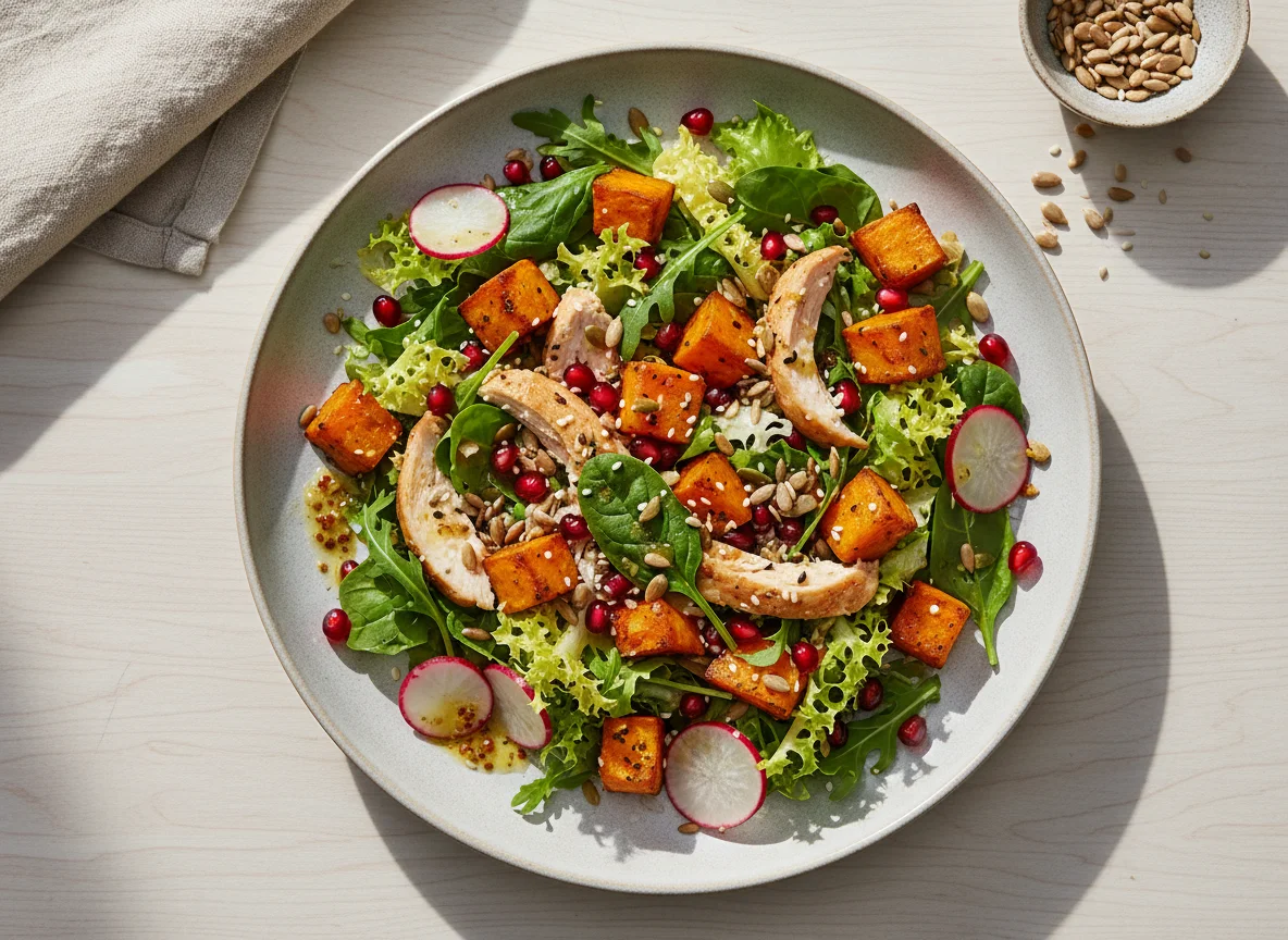 Süßkartoffel-Salat mit Granatapfel und Kernen photo