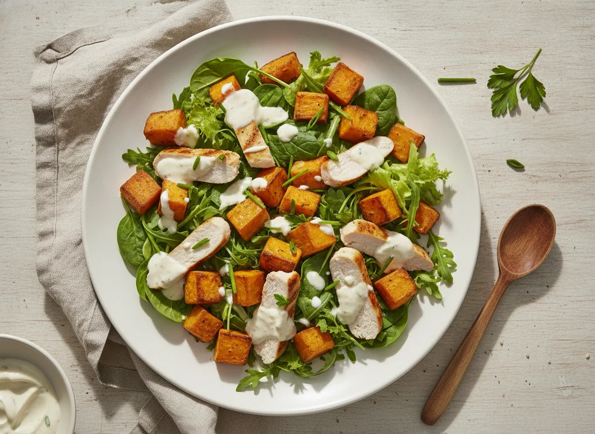 Süßkartoffel-Salat mit Hähnchen und Dressing photo