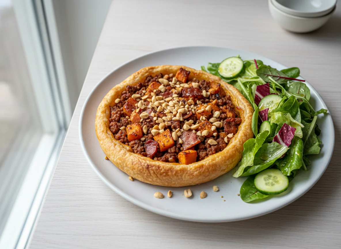 Süßkartoffel-Tarte mit Beilagensalat photo